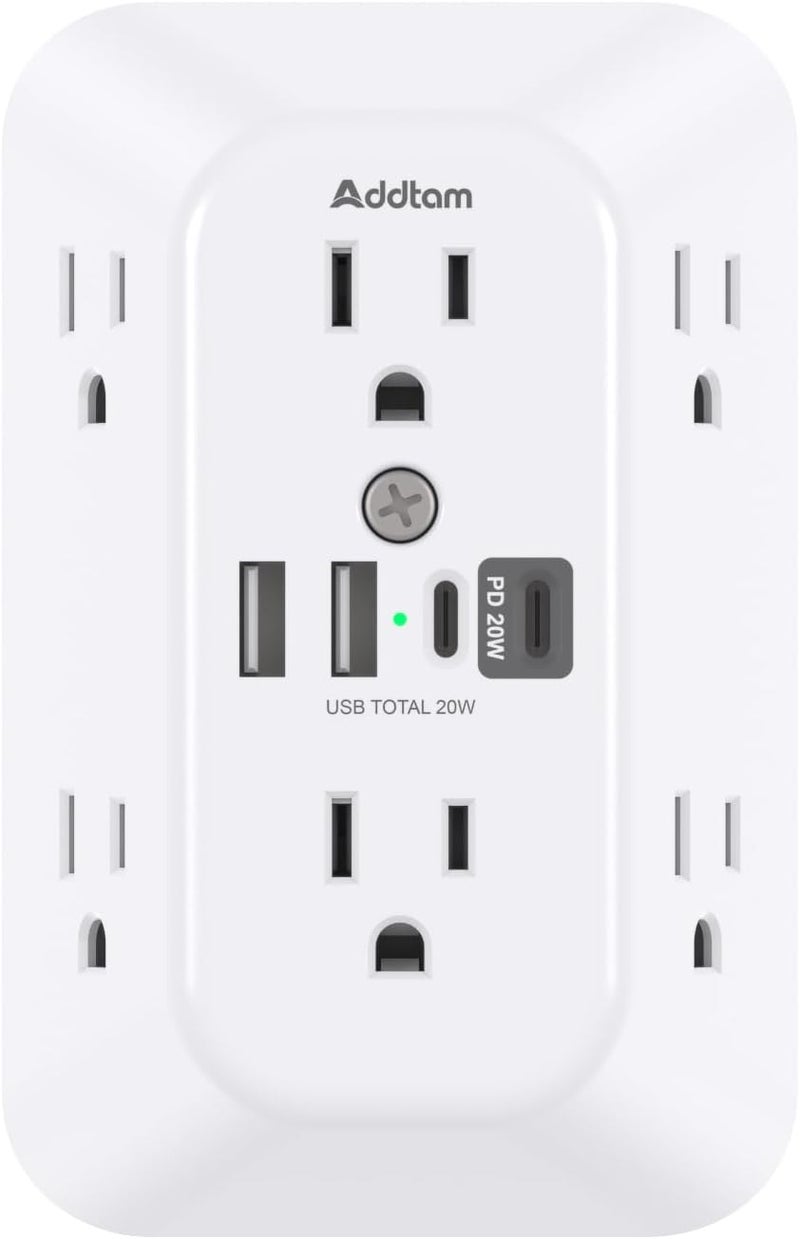 Addtam Surge Protector Outlet Extender, 6-Outlet Splitter with 4 USB Wall Charger(PD 20W), Multi Plug Wall Outlet 1800J Power Strip for Home Office Dorm Room Essentials - Image 1